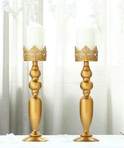HIER_4310 2 Pack | 17" Tall Antique Gold Lace Hurricane Glass Candle Holder Set, Pillar Votive Candle Holders