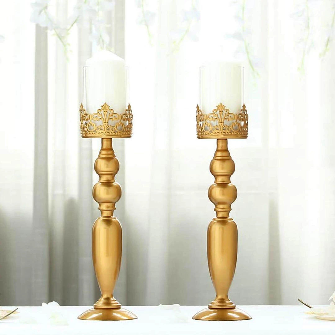 HIER_4310 2 Pack | 17" Tall Antique Gold Lace Hurricane Glass Candle Holder Set, Pillar Votive Candle Holders 1 HIER_4310 2 Pack | 17" Tall Antique Gold Lace Hurricane Glass Candle Holder Set, Pillar Votive Candle Holders