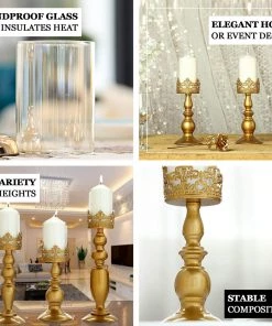 HIER_4310 2 Pack | 17" Tall Antique Gold Lace Hurricane Glass Candle Holder Set, Pillar Votive Candle Holders 18 HIER_4310 2 Pack | 17