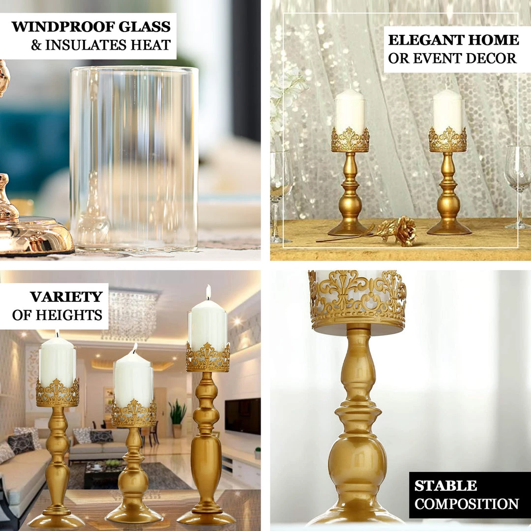 HIER_4310 2 Pack | 17" Tall Antique Gold Lace Hurricane Glass Candle Holder Set, Pillar Votive Candle Holders 4 HIER_4310 2 Pack | 17" Tall Antique Gold Lace Hurricane Glass Candle Holder Set, Pillar Votive Candle Holders