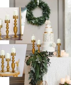 HIER_4310 2 Pack | 17" Tall Antique Gold Lace Hurricane Glass Candle Holder Set, Pillar Votive Candle Holders 19 HIER_4310 2 Pack | 17