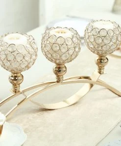 HIER_4310 Chargers & Centerpieces 16" Arch Bridge 3 Arm Gold Crystal Beaded Candle Holder, Votive Goblet Candelabra