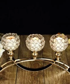 HIER_4310 Chargers & Centerpieces 16" Arch Bridge 3 Arm Gold Crystal Beaded Candle Holder, Votive Goblet Candelabra