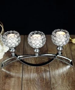 HIER_4310 16" Arch Bridge 3 Arm Silver Crystal Beaded Candle Holder, Votive Goblet Candelabra