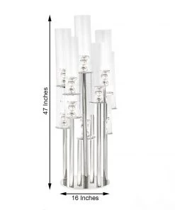 HIER_4340 47" Clear 10 Arm Crystal Cluster Round Taper Candelabra, Candle Holder For Votive, Pillar Or LED Candles With Mirror Base 17 HIER_4340 47