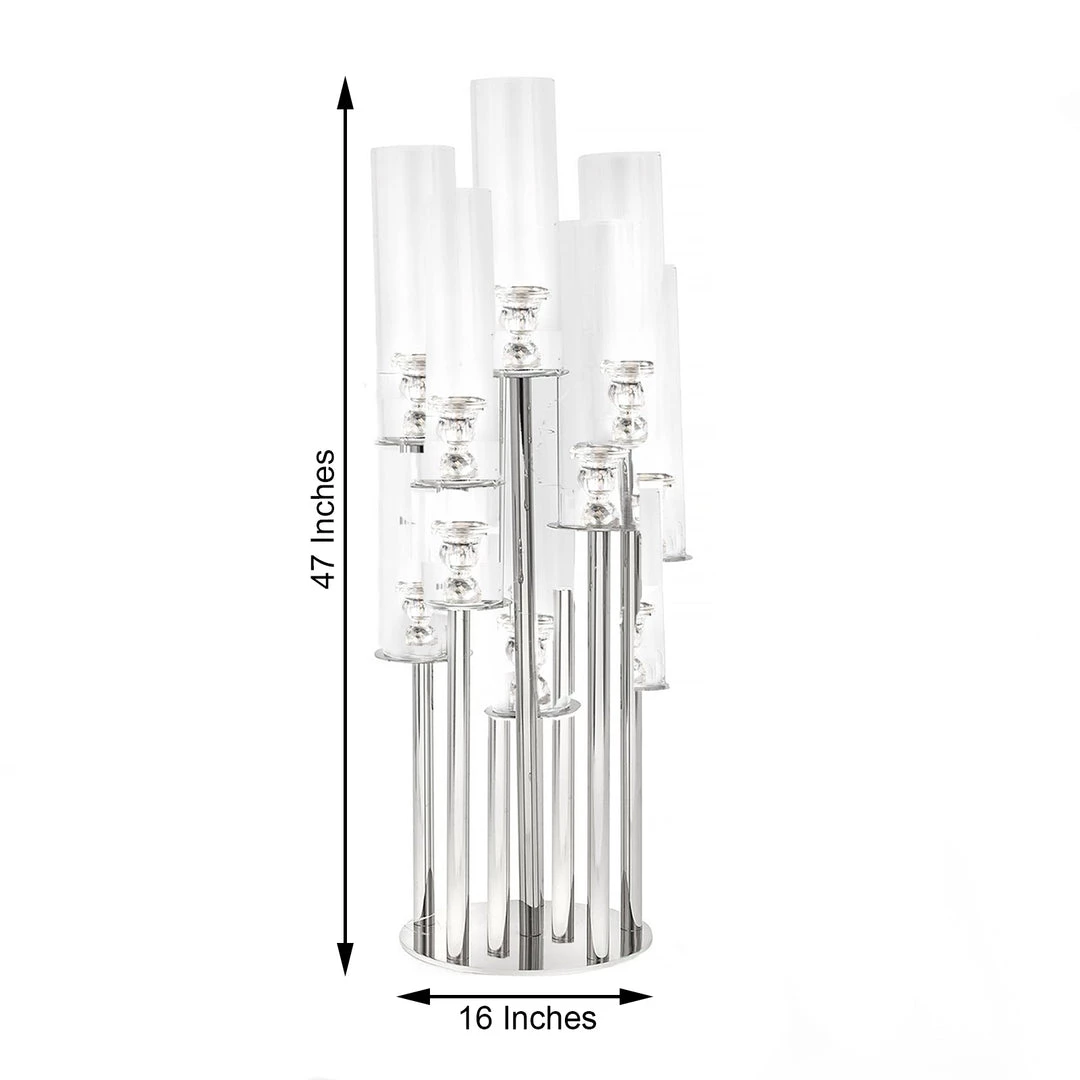 HIER_4340 47" Clear 10 Arm Crystal Cluster Round Taper Candelabra, Candle Holder For Votive, Pillar Or LED Candles With Mirror Base 3 HIER_4340 47" Clear 10 Arm Crystal Cluster Round Taper Candelabra, Candle Holder For Votive, Pillar Or LED Candles With Mirror Base