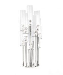 HIER_4340 47" Clear 10 Arm Crystal Cluster Round Taper Candelabra, Candle Holder For Votive, Pillar Or LED Candles With Mirror Base 29 HIER_4340 47