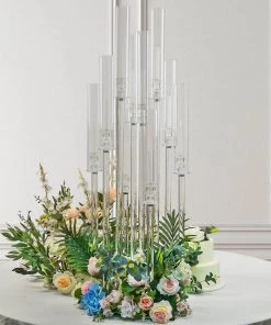 HIER_4340 47" Clear 10 Arm Crystal Cluster Round Taper Candelabra, Candle Holder For Votive, Pillar Or LED Candles With Mirror Base