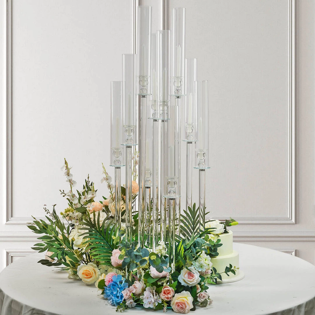 HIER_4340 47" Clear 10 Arm Crystal Cluster Round Taper Candelabra, Candle Holder For Votive, Pillar Or LED Candles With Mirror Base 2 HIER_4340 47" Clear 10 Arm Crystal Cluster Round Taper Candelabra, Candle Holder For Votive, Pillar Or LED Candles With Mirror Base