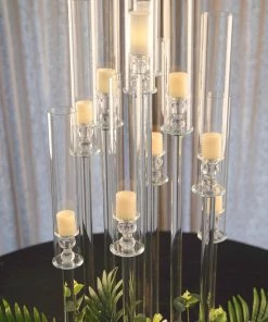 HIER_4340 47" Clear 10 Arm Crystal Cluster Round Taper Candelabra, Candle Holder For Votive, Pillar Or LED Candles With Mirror Base 22 HIER_4340 47