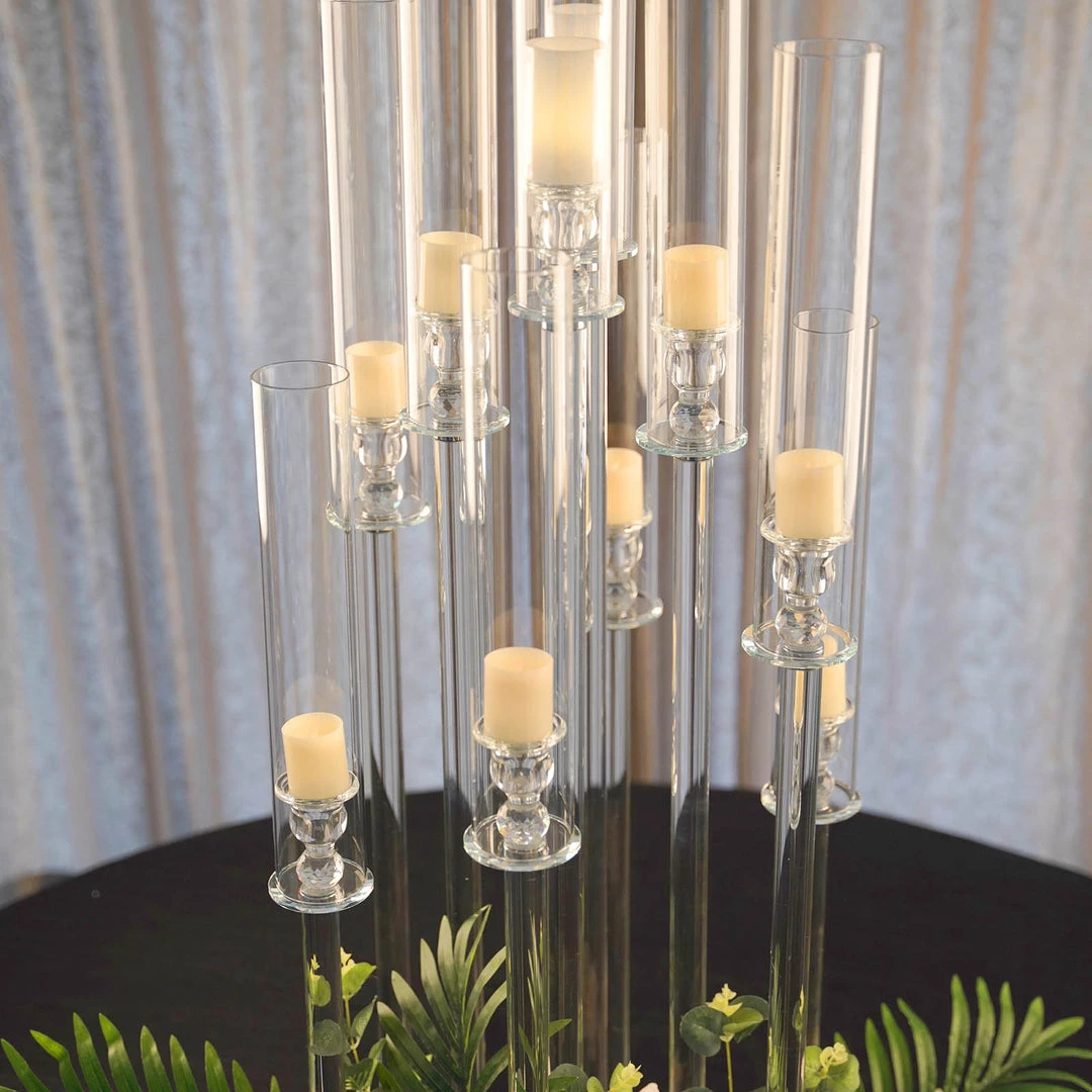 HIER_4340 47" Clear 10 Arm Crystal Cluster Round Taper Candelabra, Candle Holder For Votive, Pillar Or LED Candles With Mirror Base 8 HIER_4340 47" Clear 10 Arm Crystal Cluster Round Taper Candelabra, Candle Holder For Votive, Pillar Or LED Candles With Mirror Base