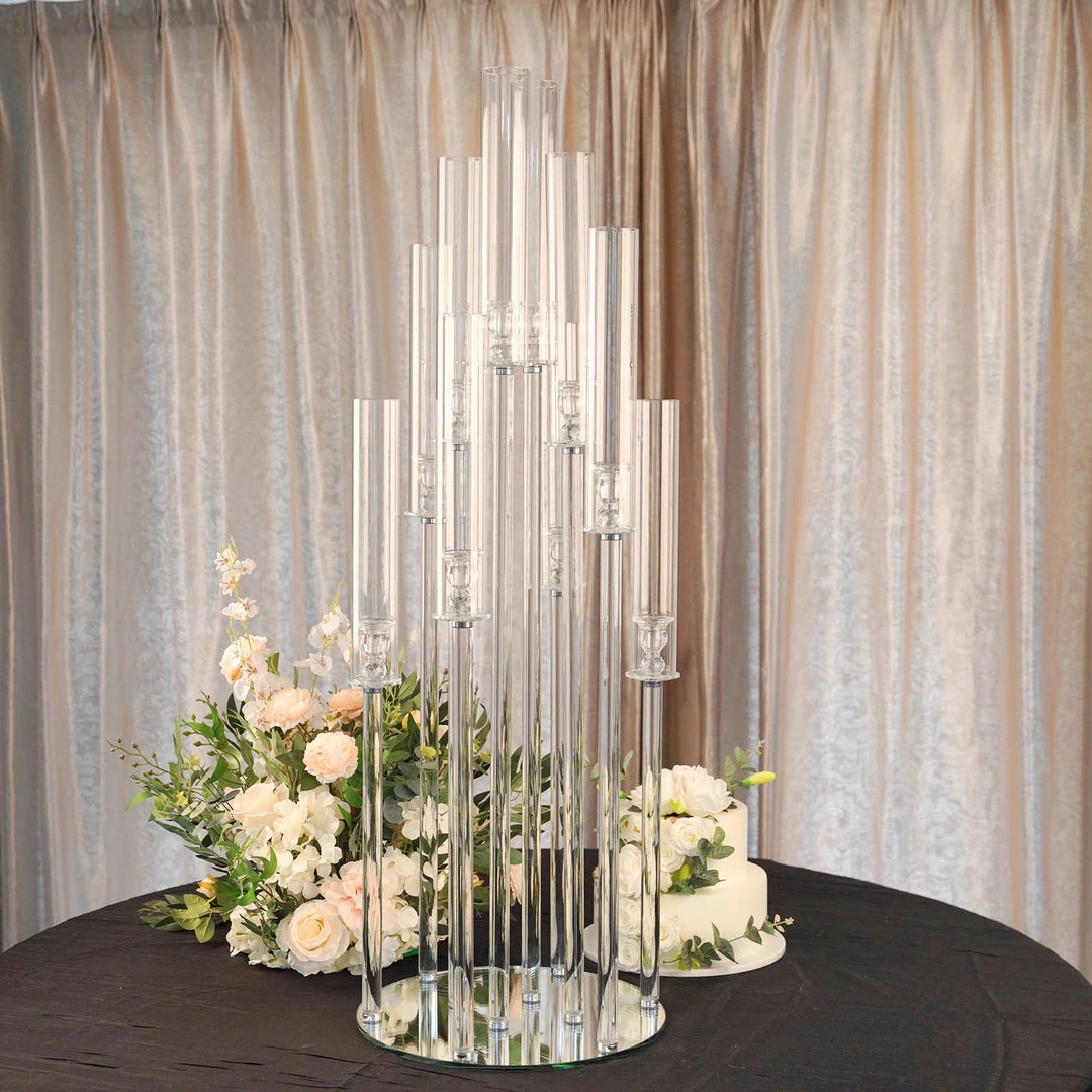 HIER_4340 47" Clear 10 Arm Crystal Cluster Round Taper Candelabra, Candle Holder For Votive, Pillar Or LED Candles With Mirror Base 14 HIER_4340 47" Clear 10 Arm Crystal Cluster Round Taper Candelabra, Candle Holder For Votive, Pillar Or LED Candles With Mirror Base
