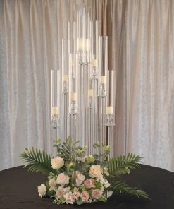 HIER_4340 47" Clear 10 Arm Crystal Cluster Round Taper Candelabra, Candle Holder For Votive, Pillar Or LED Candles With Mirror Base