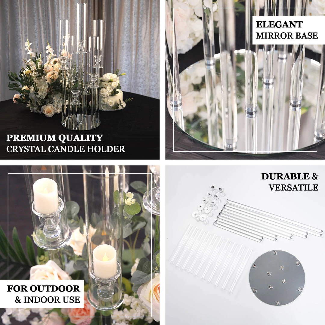 HIER_4340 47" Clear 10 Arm Crystal Cluster Round Taper Candelabra, Candle Holder For Votive, Pillar Or LED Candles With Mirror Base 4 HIER_4340 47" Clear 10 Arm Crystal Cluster Round Taper Candelabra, Candle Holder For Votive, Pillar Or LED Candles With Mirror Base