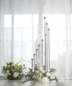 HIER_4340 57" Silver 12 Arm Cluster Taper Candle Holder With Clear Glass Shades, Large Candle Arrangement