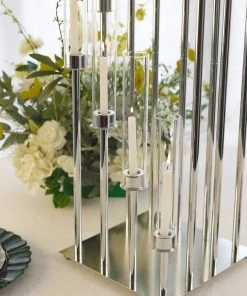 HIER_4340 57" Silver 12 Arm Cluster Taper Candle Holder With Clear Glass Shades, Large Candle Arrangement