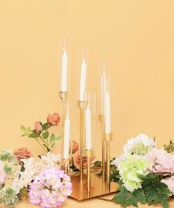 HIER_4340 Candelabra & Candle Holders 24" Gold 6 Arm Cluster Taper Candle Holder With Clear Glass Shades, Large Candle Arrangement