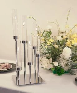 HIER_4310 24" Silver 6 Arm Cluster Taper Candle Holder With Clear Glass Shades, Large Candle Arrangement