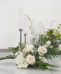 HIER_4310 24" Silver 6 Arm Cluster Taper Candle Holder With Clear Glass Shades, Large Candle Arrangement