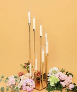 HIER_4340 Chargers & Centerpieces 42" Gold 8 Arm Cluster Taper Candle Holder With Clear Glass Shades, Large Candle Arrangement