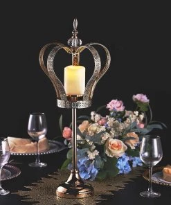 HIER_4310 25" Gold Metal Crown Pillar Candle Holder Stand, Votive Holder Centerpiece Chargers & Centerpieces