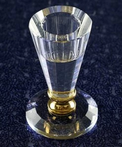 HIER_4320 3" Tall Gemcut Premium Crystal Glass Taper Candlestick Holder Stand With Gold Metal Stem