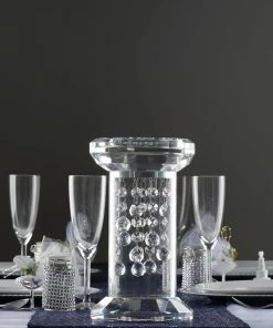 HIER_4300 11" Gemcut Premium Glass Crystal Pillar Candle Holder, Pedestal Stand With Chandelier Crystal Chains Chargers & Centerpieces