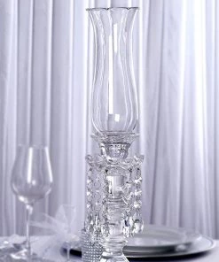 HIER_4320 Chargers & Centerpieces 20" Premium Crystal Glass Hurricane Candle Taper Candlestick Holder With Chandelier Chains