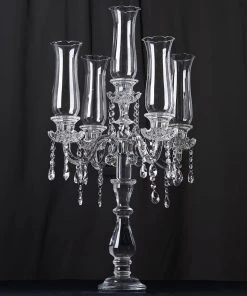 HIER_4340 32" 5 Arm Premium Crystal Glass Taper Candle Holder Candelabra With Chandelier Chains
