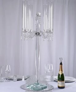 HIER_4340 36" 4 Arm Premium Crystal Glass Taper Candle Holder Candelabra With Chandelier Chains