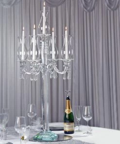 HIER_4340 Chargers & Centerpieces 40" 5 Arm Premium Crystal Glass Taper Candle Holder Candelabra With Chandelier Chains