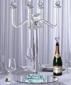 HIER_4340 Chargers & Centerpieces 27" 5 Arm Premium Crystal Glass Taper Candle Holder Candelabra Stand