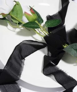 HIER_5144 Tabletop Decor 2 Pack | 6yd Black Silk-Like Chiffon Linen Ribbon Roll For Bouquets, Wedding Invitations Gift Wrapping