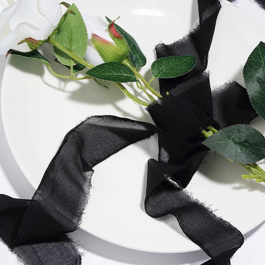 HIER_5144 Tabletop Decor 2 Pack | 6yd Black Silk-Like Chiffon Linen Ribbon Roll For Bouquets, Wedding Invitations Gift Wrapping 2 HIER_5144 Tabletop Decor 2 Pack | 6yd Black Silk-Like Chiffon Linen Ribbon Roll For Bouquets, Wedding Invitations Gift Wrapping