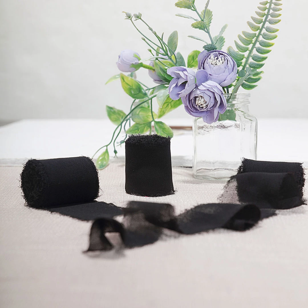 HIER_5144 Tabletop Decor 2 Pack | 6yd Black Silk-Like Chiffon Linen Ribbon Roll For Bouquets, Wedding Invitations Gift Wrapping 1 HIER_5144 Tabletop Decor 2 Pack | 6yd Black Silk-Like Chiffon Linen Ribbon Roll For Bouquets, Wedding Invitations Gift Wrapping
