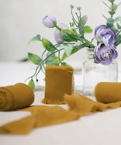 HIER_5144 2 Pack | 6yd Gold Silk-Like Chiffon Linen Ribbon Roll For Bouquets, Wedding Invitations Gift Wrapping