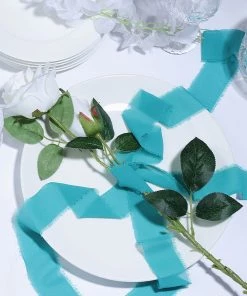 HIER_5144 Tabletop Decor 2 Pack | 6yd Turquoise Silk-Like Chiffon Linen Ribbon Roll For Bouquets, Wedding Invitations Gift Wrapping