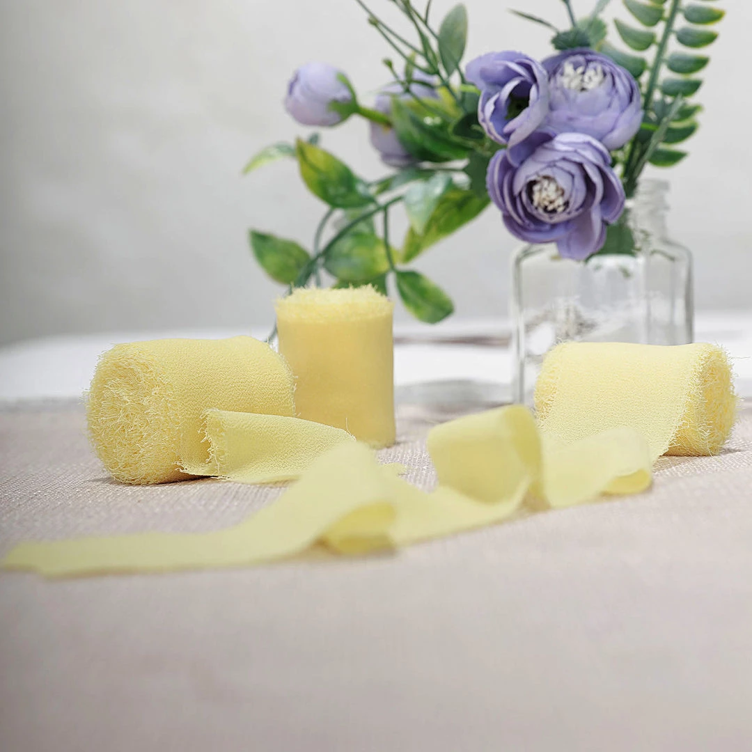 HIER_5144 2 Pack | 6yd Yellow Silk-Like Chiffon Linen Ribbon Roll For Bouquets, Wedding Invitations Gift Wrapping Tabletop Decor 1 HIER_5144 2 Pack | 6yd Yellow Silk-Like Chiffon Linen Ribbon Roll For Bouquets, Wedding Invitations Gift Wrapping Tabletop Decor