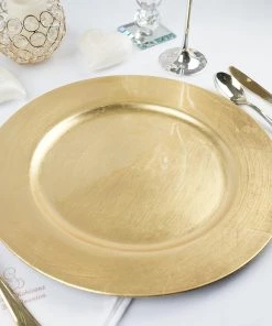 HIER_4700 Disposable Dinnerware 6 Pack | 13" Metallic Gold Round Acrylic Plastic Charger Plates, Dinner Party Table Decor