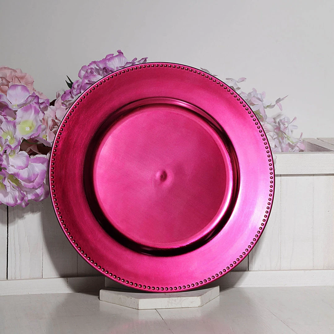 HIER_4710 6 Pack | 13" Beaded Hot Pink Acrylic Plastic Round Charger Plate, Event Tabletop Decor Disposable Dinnerware 9 HIER_4710 6 Pack | 13" Beaded Hot Pink Acrylic Plastic Round Charger Plate, Event Tabletop Decor Disposable Dinnerware