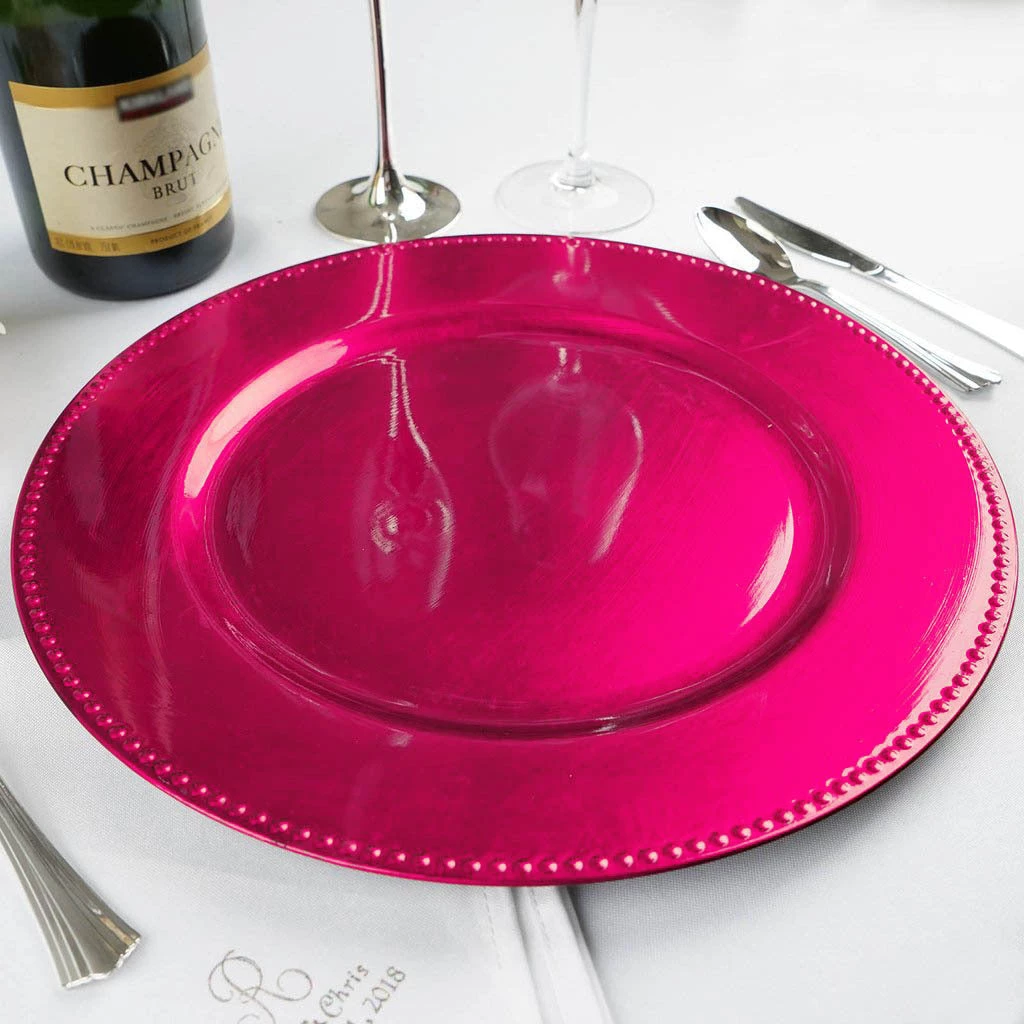 HIER_4710 6 Pack | 13" Beaded Hot Pink Acrylic Plastic Round Charger Plate, Event Tabletop Decor Disposable Dinnerware 15 HIER_4710 6 Pack | 13" Beaded Hot Pink Acrylic Plastic Round Charger Plate, Event Tabletop Decor Disposable Dinnerware