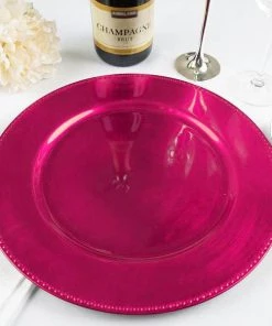 HIER_4710 6 Pack | 13" Beaded Hot Pink Acrylic Plastic Round Charger Plate, Event Tabletop Decor Disposable Dinnerware