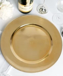 HIER_4700 Disposable Dinnerware 6 Pack | 13" Beaded Gold Acrylic Plastic Round Charger Plate, Event Tabletop Decor