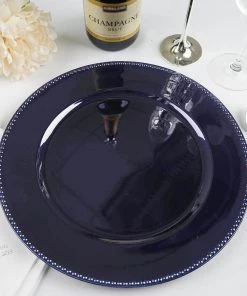 HIER_4700 Disposable Dinnerware 6 Pack | 13" Beaded Navy Blue Acrylic Plastic Round Charger Plate, Event Tabletop Decor