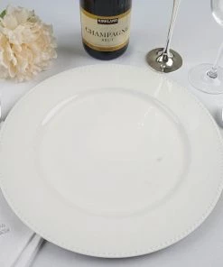 HIER_4700 Disposable Dinnerware 6 Pack | 13" Beaded White Acrylic Plastic Round Charger Plate, Event Tabletop Decor