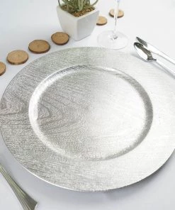 HIER_4700 6 Pack | 13" Silver Wooden Textured Round Acrylic Charger Plates, Boho Chic Table Decor Disposable Dinnerware