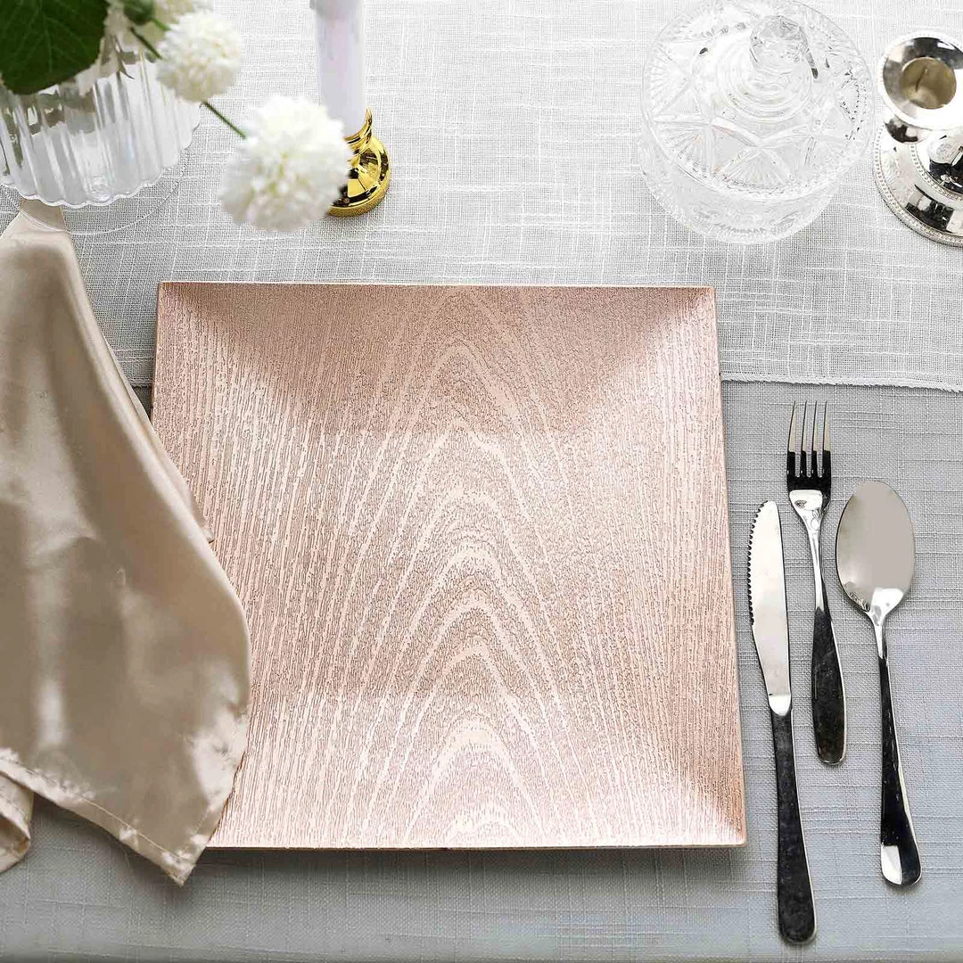 HIER_4710 6 Pack | 12" Blush/Rose Gold Square Wooden Textured Acrylic Charger Plates, Boho Chic Table Decor 2 HIER_4710 6 Pack | 12" Blush/Rose Gold Square Wooden Textured Acrylic Charger Plates, Boho Chic Table Decor