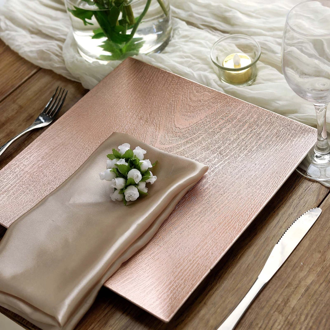 HIER_4710 6 Pack | 12" Blush/Rose Gold Square Wooden Textured Acrylic Charger Plates, Boho Chic Table Decor 5 HIER_4710 6 Pack | 12" Blush/Rose Gold Square Wooden Textured Acrylic Charger Plates, Boho Chic Table Decor