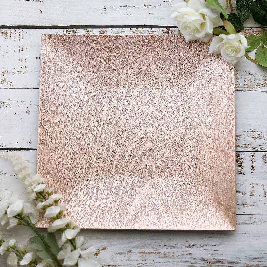 HIER_4710 6 Pack | 12" Blush/Rose Gold Square Wooden Textured Acrylic Charger Plates, Boho Chic Table Decor 4 HIER_4710 6 Pack | 12" Blush/Rose Gold Square Wooden Textured Acrylic Charger Plates, Boho Chic Table Decor