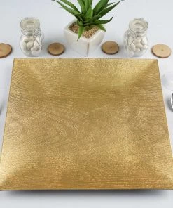 HIER_4700 6 Pack | 12" Gold Square Wooden Textured Acrylic Charger Plates, Boho Chic Table Decor Disposable Dinnerware